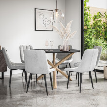 (Grey) Malvern Round Black Dining Table Set w Oak Legs w 4-6 Nova Velvet Chair