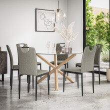 (Grey) Malvern Round Glass Dining Table Set w Solid Oak Legs w 4-6 Monza Linen Chair
