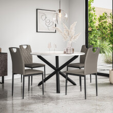 (Grey) Malvern Round Marble Effect Dining Table Set w Black Oak Legs 4-6 Monza Chair