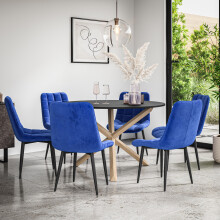 (Blue) Malvern Round Black Dining Table Set w Oak Legs w 4-6 Nova Velvet Chair