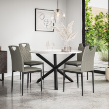 (Grey) Malvern Round Marble Effect Dining Table Set Black Oak Leg 4-6 Monza Linen Chair