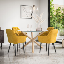 (Mustard) Malvern Round Glass Dining Table Set w Oak Legs w 4 Anika Velvet Chairs