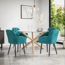 (Blue) Malvern Round Glass Dining Table Set w Oak Legs w 4 Anika Velvet Chairs