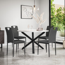 (Charcoal) Malvern Round Marble Effect Dining Table Set Black Oak Leg 4-6 Monza Linen Chair