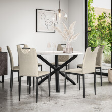 (Beige) Malvern Round Marble Effect Dining Table Set Black Oak Leg 4-6 Monza Linen Chair