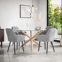 (Grey) Malvern Round Glass Dining Table Set w Oak Legs w 4 Anika Velvet Chairs