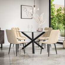 (Beige) Malvern Round Glass Dining Table Set w Black Oak Legs w 4-6 Nova Velvet Chair