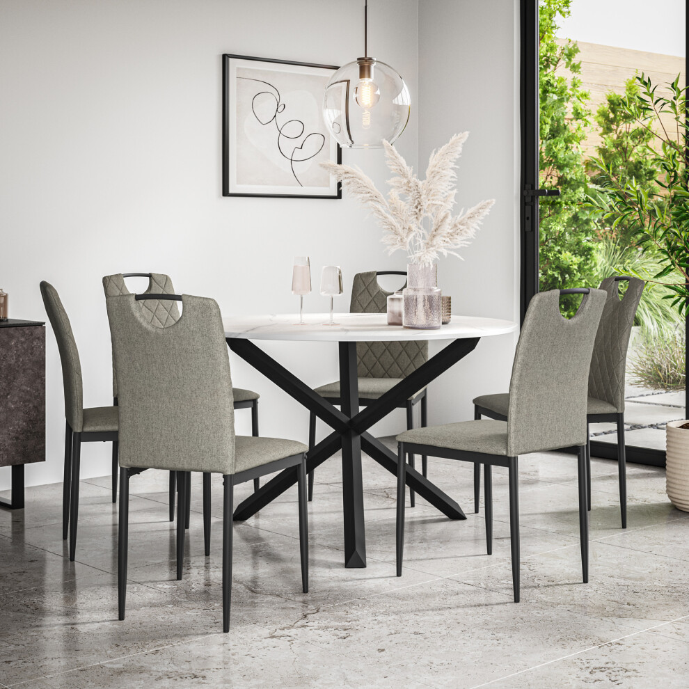 (Grey) Malvern Round Marble Effect Dining Table Set Black Oak Leg 4-6 Monza Linen Chair-image-OPC-PGC5P7S-NEW