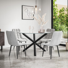 (Grey) Malvern Round Glass Dining Table Set w Black Oak Legs w 4-6 Nova Velvet Chair