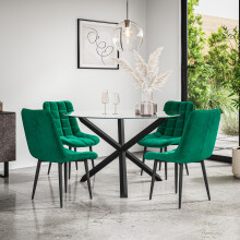 (Green) Malvern Round Glass Dining Table Set w Black Oak Legs w 4-6 Nova Velvet Chair