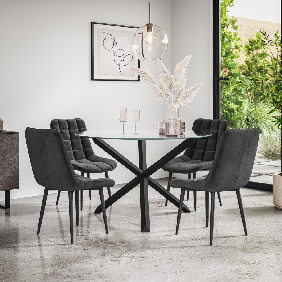 (Black) Malvern Round Glass Dining Table Set w Black Oak Legs w 4-6 Nova Velvet Chair-image-OPC-PGC5P7W-NEW