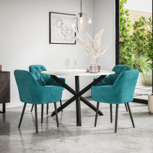 (Blue) Malvern Round Marble Effect Dining Table Set Black Oak Legs 4 Anika Velvet Chair
