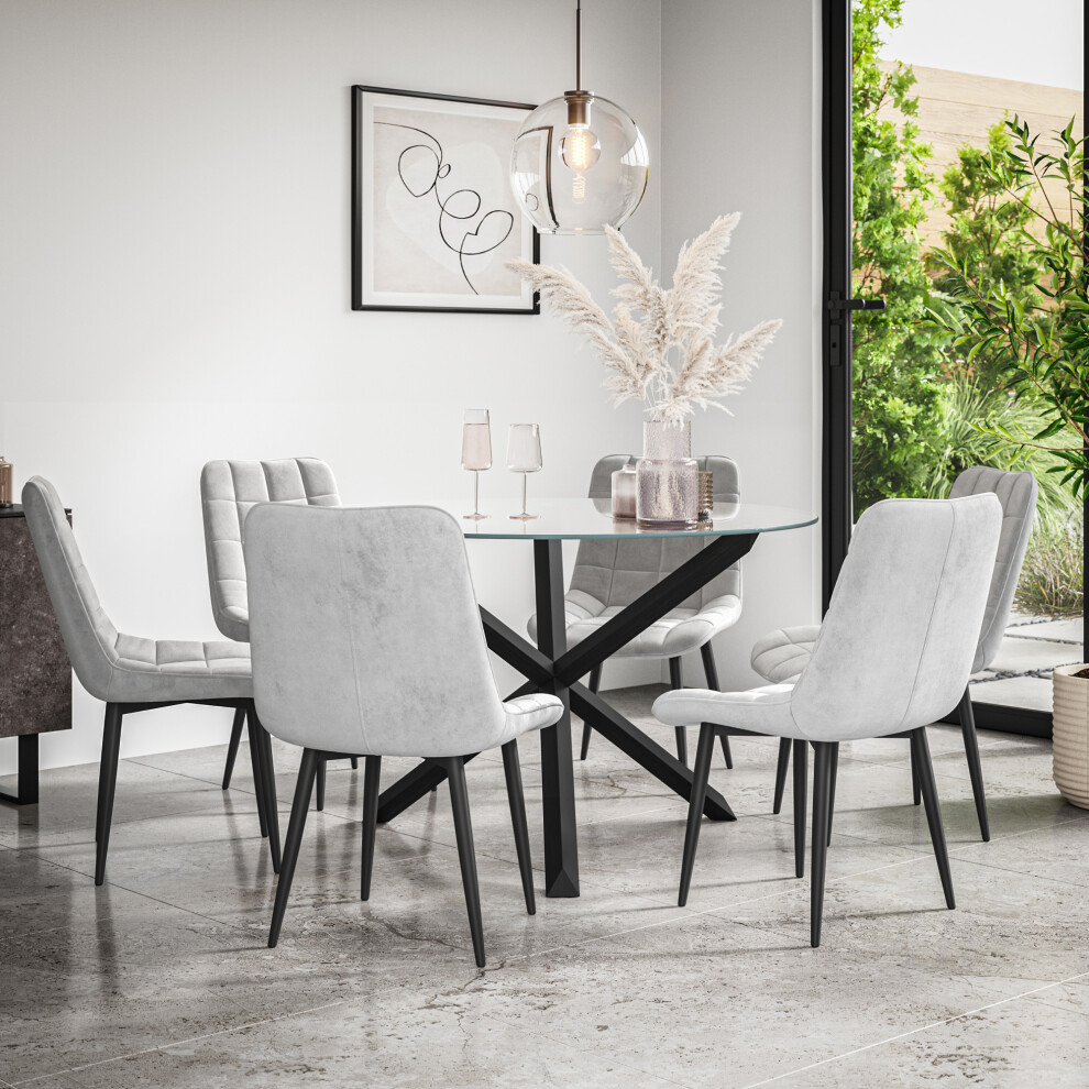 (Grey) Malvern Round Glass Dining Table Set w Black Oak Legs w 4-6 Nova Velvet Chair-image-OPC-PGC5P8F-NEW