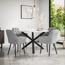 (Grey) Malvern Round Marble Effect Dining Table Set Black Oak Legs 4 Anika Velvet Chair