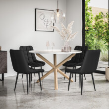 (Black) Malvern Round Marble Effect Dining Table Set w Oak Legs w 4-6 Nova Dining Chairs