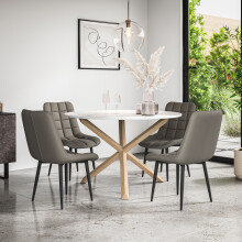 (Grey) Malvern Round Marble Effect Dining Table Set w Oak Legs w 4-6 Nova Dining Chairs