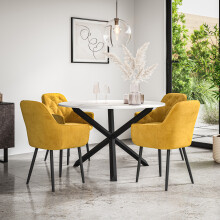 (Mustard) Malvern Round Marble Effect Dining Table Set Black Oak Legs 4 Anika Velvet Chair