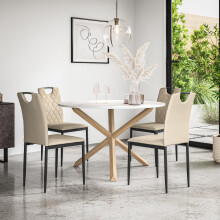 (Beige) Malvern Round Marble Effect Dining Table Set w Oak Legs w 4-6 Monza Chair