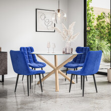 (Blue) Malvern Round Glass Dining Table Set w Oak Legs w 4-6 Nova Velvet Chair