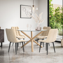 (Beige) Malvern Round Glass Dining Table Set w Oak Legs w 4-6 Nova Velvet Chair