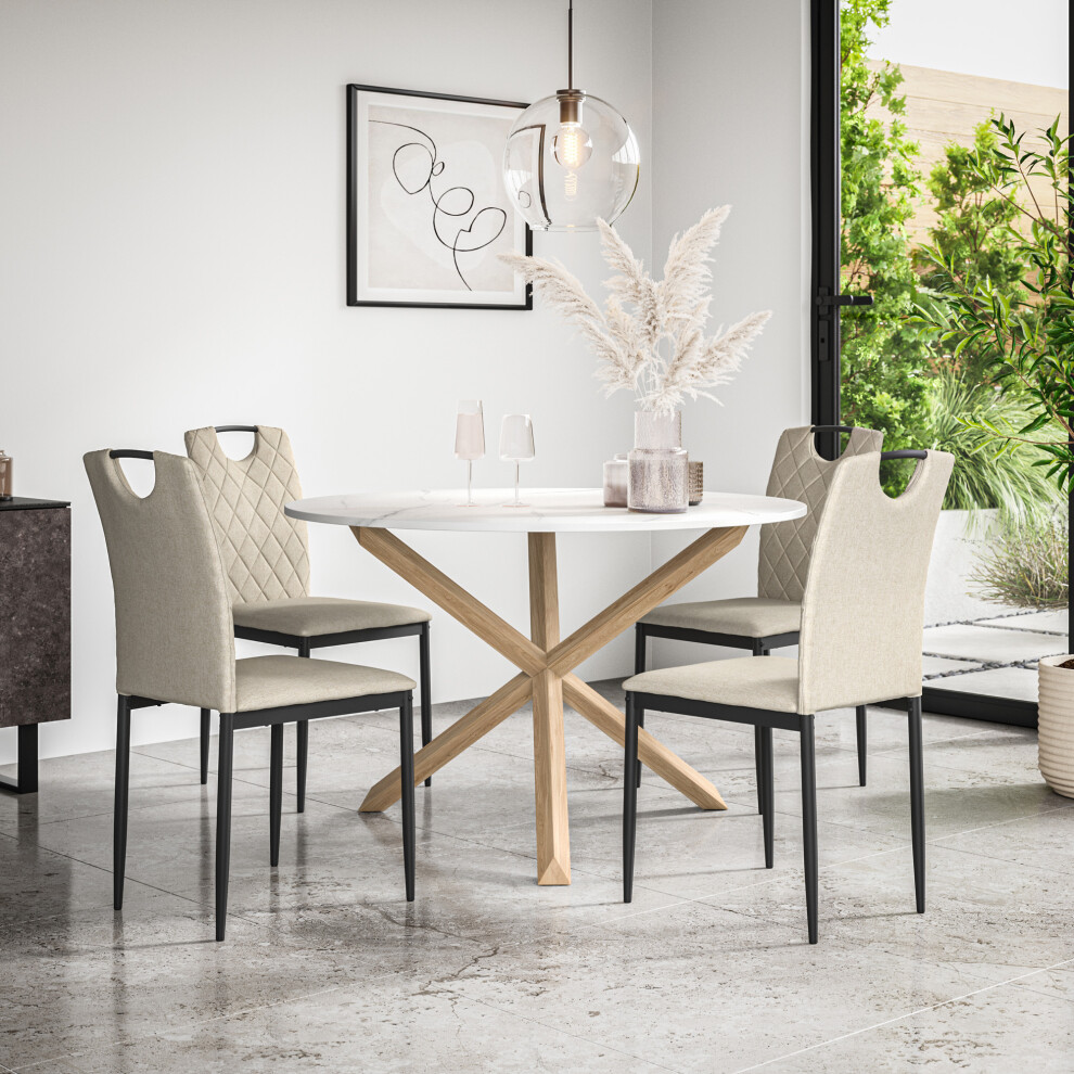 (Beige) Malvern Round Marble Effect Dining Table Set w Oak Legs w 4-6 Monza Linen Chair-image-OPC-PGC5P9S-NEW