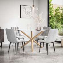 (Grey) Malvern Round Glass Dining Table Set w Oak Legs w 4-6 Nova Velvet Chair