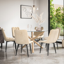 (Beige) Malvern Round Glass Dining Table Set w Oak Legs w 4-6 Nova Velvet Chair
