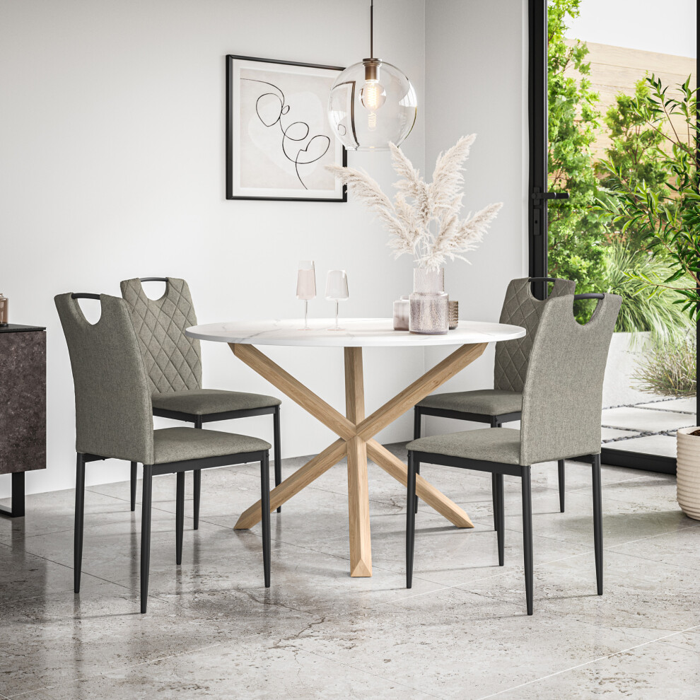 (Grey) Malvern Round Marble Effect Dining Table Set w Oak Legs w 4-6 Monza Linen Chair-image-OPC-PGC5P9V-NEW