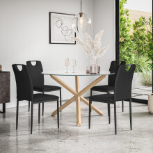 (Black) Malvern Round Glass Dining Table Set w Oak Legs w 4-6 Monza Faux Leather Chair