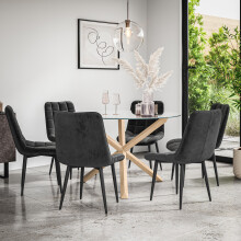 (Black) Malvern Round Glass Dining Table Set w Oak Legs w 4-6 Nova Velvet Chair