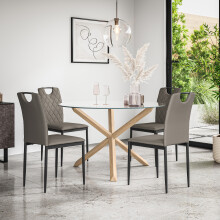 (Grey) Malvern Round Glass Dining Table Set w Oak Legs w 4-6 Monza Faux Leather Chair