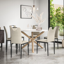(Beige) Malvern Round Marble Effect Dining Table Set w Oak Legs w 4-6 Monza Linen Chair