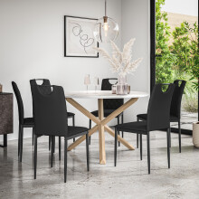 (Black) Malvern Round Marble Effect Dining Table Set w Oak Legs w 4-6 Monza Chair
