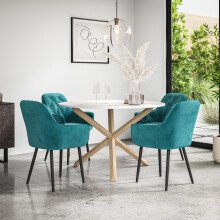 (Blue) Malvern Round Marble Effect Dining Table Set w Oak Legs w 4 Anika Velvet Chairs