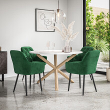 (Green) Malvern Round Marble Effect Dining Table Set w Oak Legs w 4 Anika Velvet Chairs