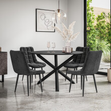 (Black) Malvern Round Black Dining Table Set w Black Oak Legs w 4-6 Nova Velvet Chair