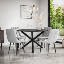 (Grey) Malvern Round Black Dining Table Set w Black Oak Legs w 4-6 Nova Velvet Chair