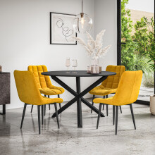 (Mustard) Malvern Round Black Dining Table Set w Black Oak Legs w 4-6 Nova Velvet Chair