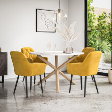 (Mustard) Malvern Round Marble Effect Dining Table Set w Oak Legs w 4 Anika Velvet Chairs