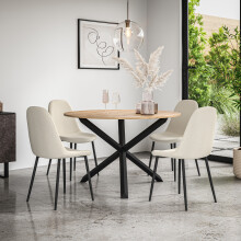 Malvern Round Oak Effect Dining Table Set w Black Oak Legs w 4-6 Maya Chair