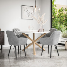 (Grey) Malvern Round Marble Effect Dining Table Set w Oak Legs w 4 Anika Velvet Chairs