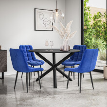 (Blue) Malvern Round Black Dining Table Set w Black Oak Legs w 4-6 Nova Velvet Chair