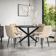 (Beige) Malvern Round Black Dining Table Set w Black Oak Legs w 4-6 Nova Velvet Chair