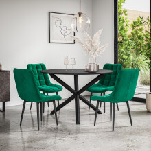 (Green) Malvern Round Black Dining Table Set w Black Oak Legs w 4-6 Nova Velvet Chair