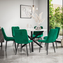 (Green) Malvern Round Marble Effect Dining Table Set Black Oak Leg 4-6 Nova Velvet Chair