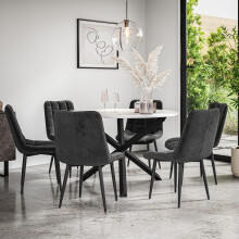 (Black) Malvern Round Marble Effect Dining Table Set Black Oak Leg 4-6 Nova Velvet Chair