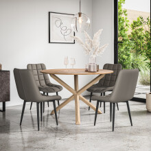 (Grey) Malvern Round Oak Effect Dining Table Set w Oak Legs w 4-6 Nova Dining Chairs