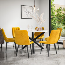 (Mustard) Malvern Round Marble Effect Dining Table Set Black Oak Leg 4-6 Nova Velvet Chair