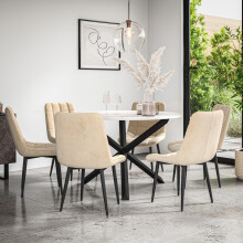 (Beige) Malvern Round Marble Effect Dining Table Set Black Oak Leg 4-6 Nova Velvet Chair