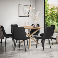 (Black) Malvern Round Oak Effect Dining Table Set w Oak Legs w 4-6 Nova Dining Chairs